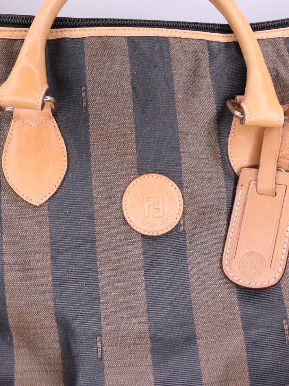 Fendi Pequin Stripe Satchel Boston Bag w Matching Cosmetic Pouch 2 Piece Set